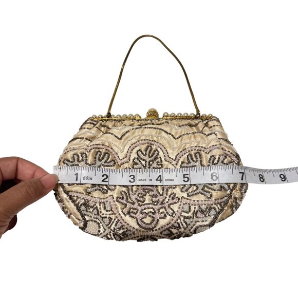 Vintage Handmade Bag Womens Silk Cream 60s Beaded Pearls French Mini Handbag - Picture 7 of 8
